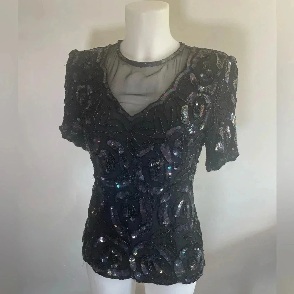 VTG 80’s Laurence Kazar Black Silk Rainbow Iridescent Sequin Rose Mesh Top M 176